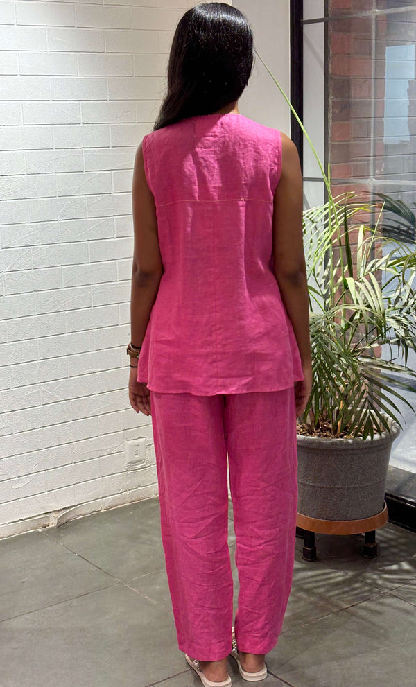 Linen Anderine Box Pleat Flare Top - Pink