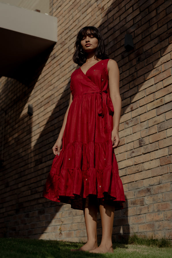 Grace Linen Wrap Dress - Red