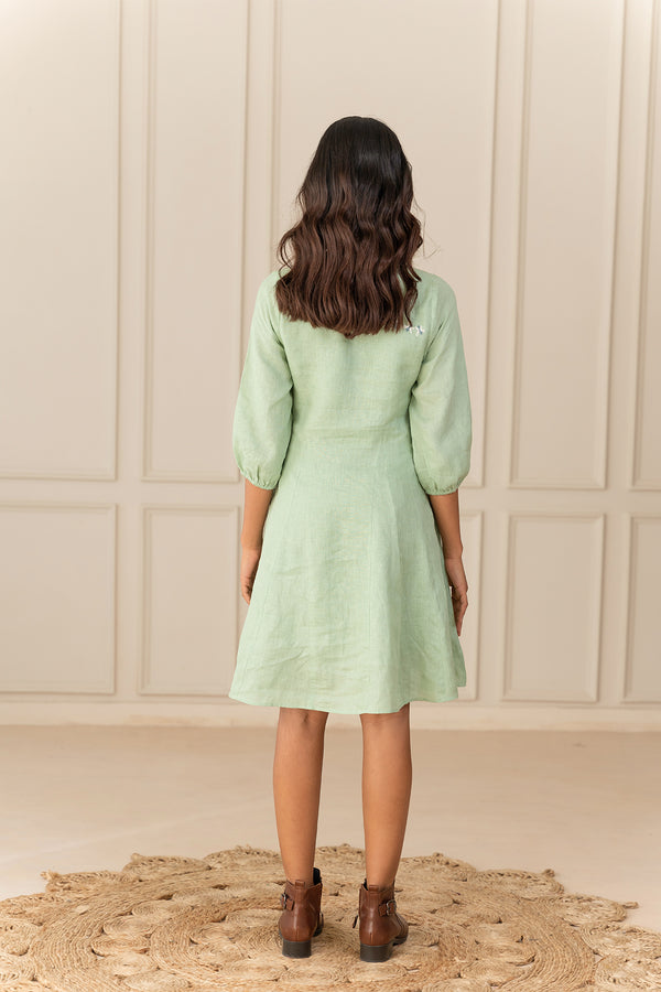 MAPLE LINEN SHORT DRESS - Pista Green