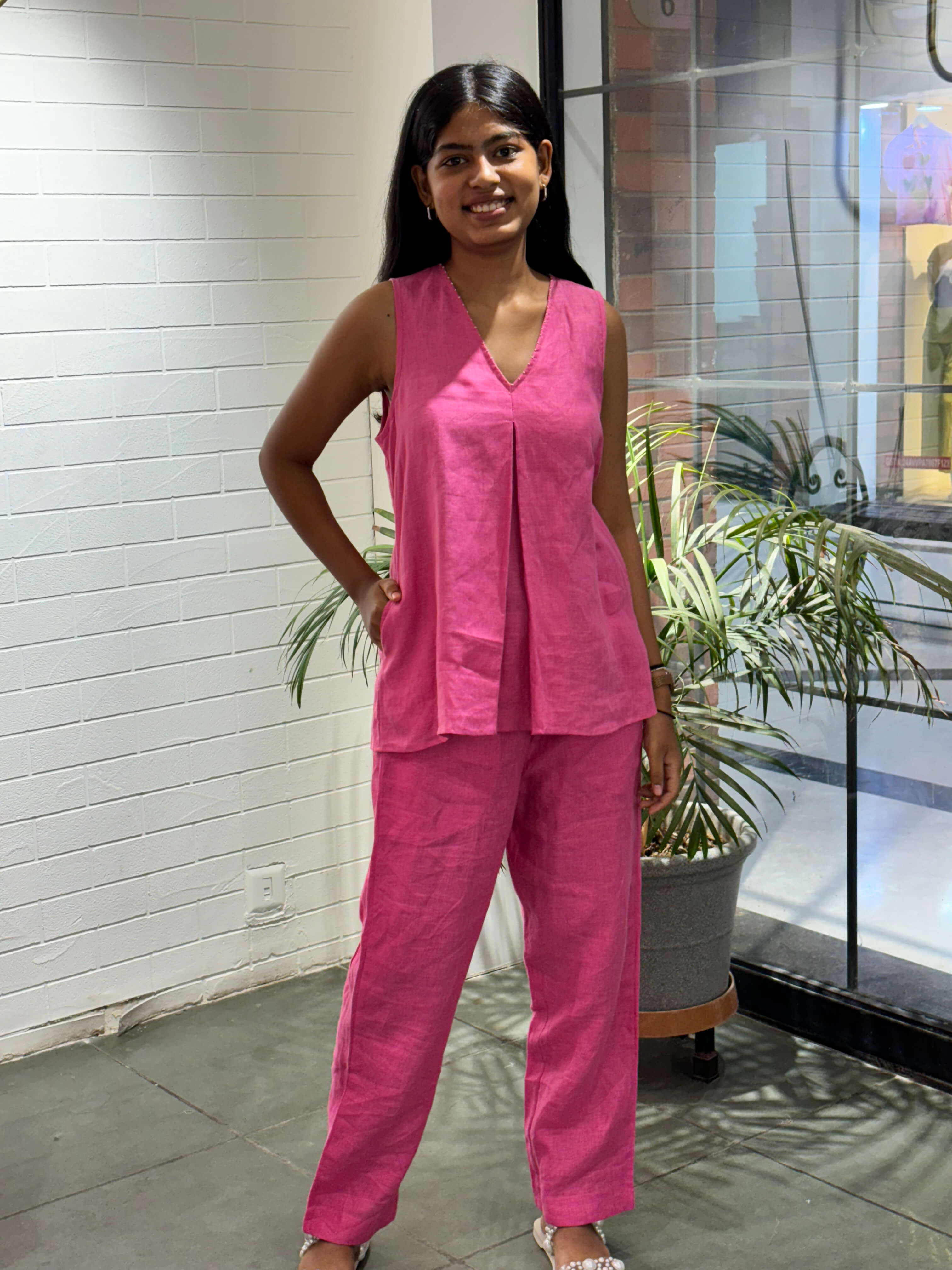 Linen Anderine Box Pleat Flare Top - Pink