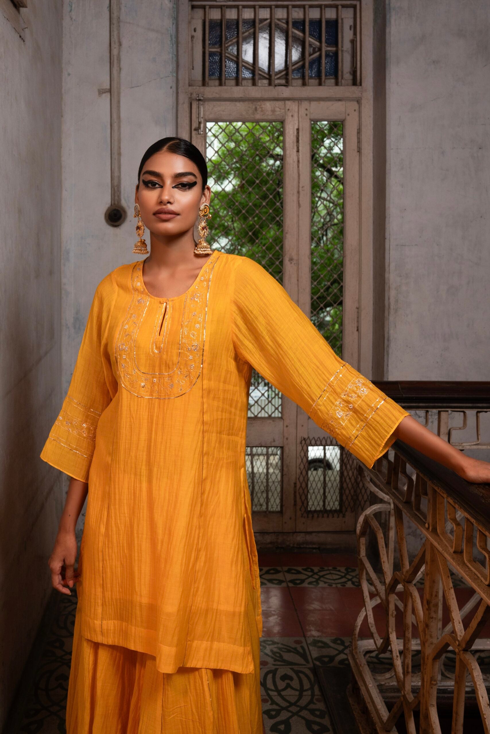 Moti Mala Sharara Kurta set - kesariya Peela