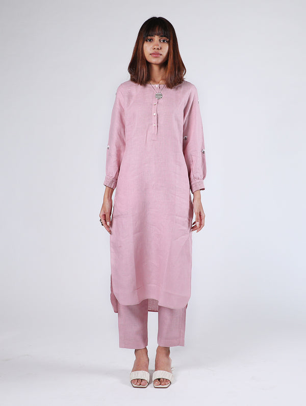 Janice Linen Half Placket kurta with Pockets - Mauve Pink