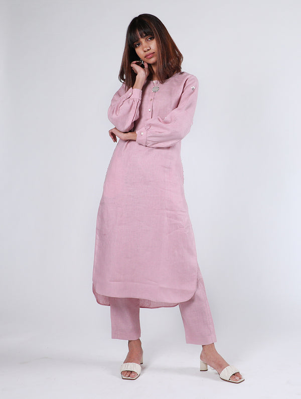 Janice Linen Half Placket kurta with Pockets - Mauve Pink