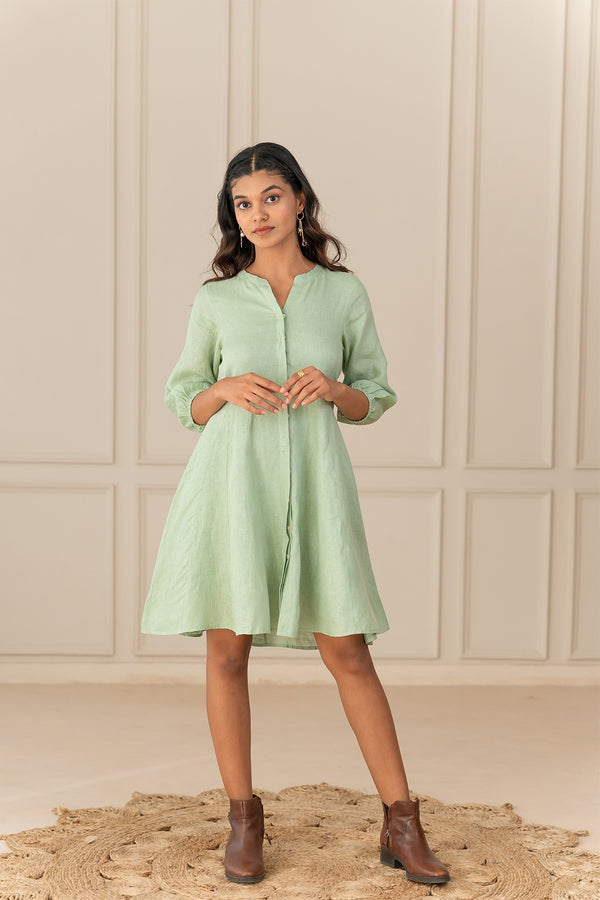 MAPLE LINEN SHORT DRESS - Pista Green