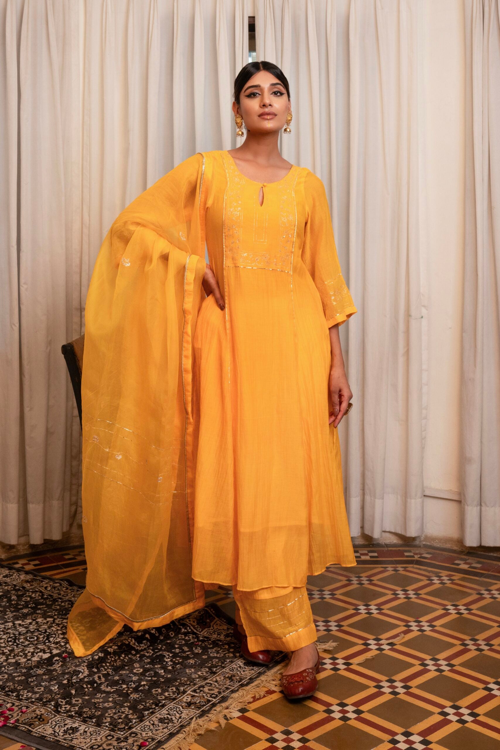 "Goru Aur Badal" Straight Kurta set - kesariya peela
