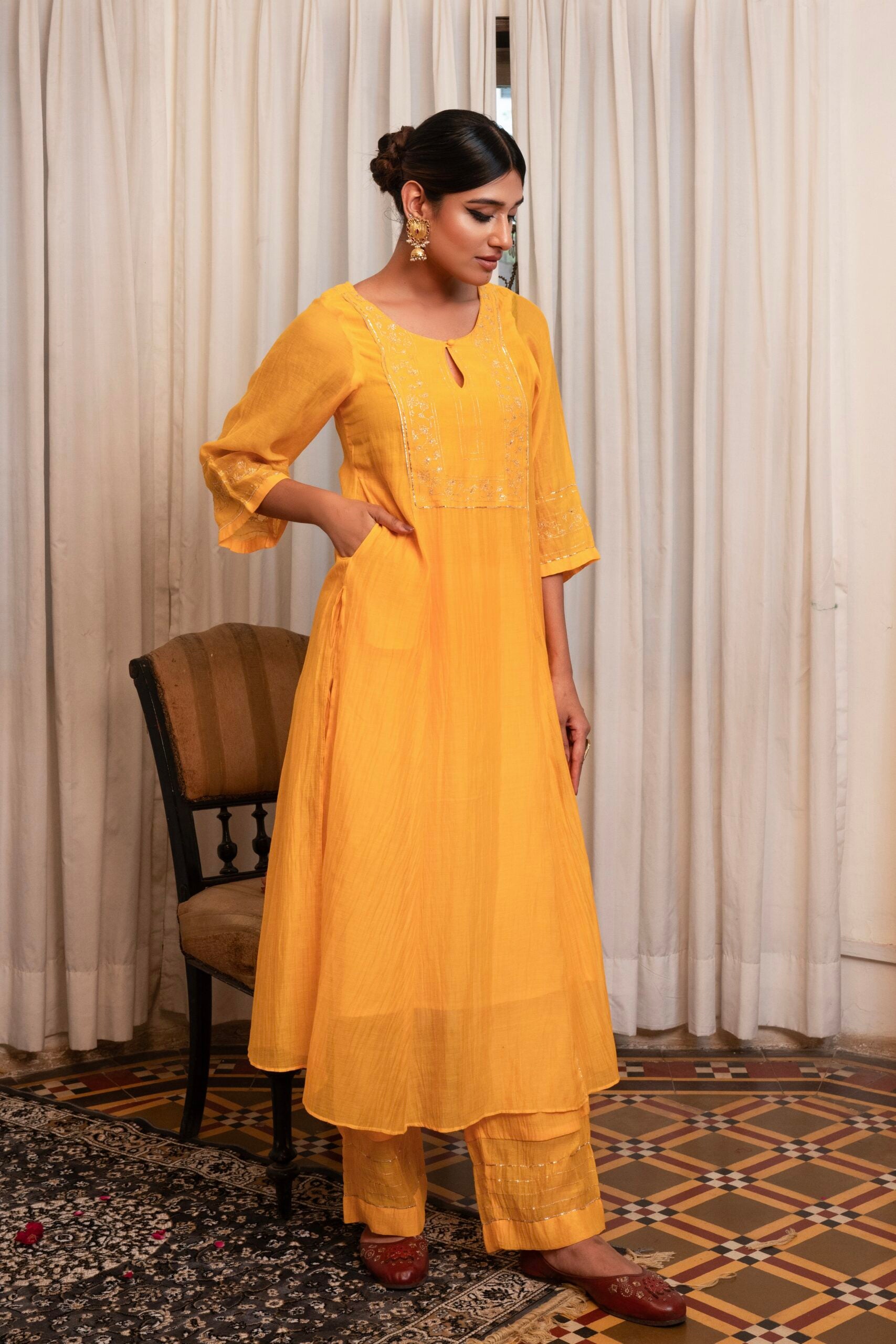 "Goru Aur Badal" Straight Kurta set - kesariya peela