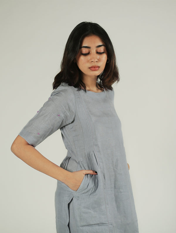 Linen Pin Tucks Kurta - Powder Blue