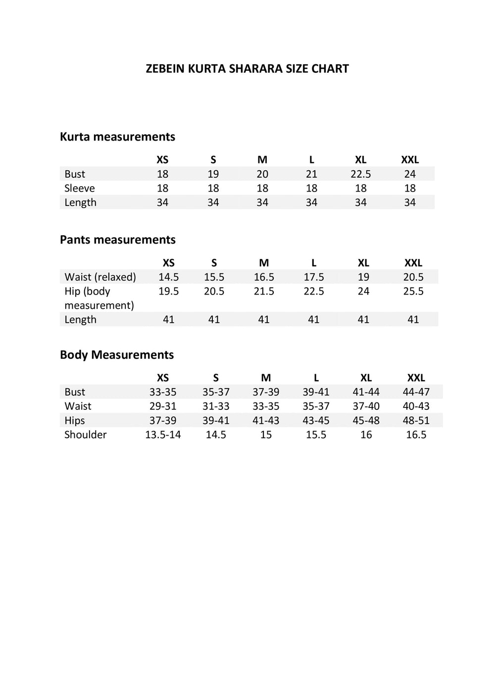 Size Chart 1