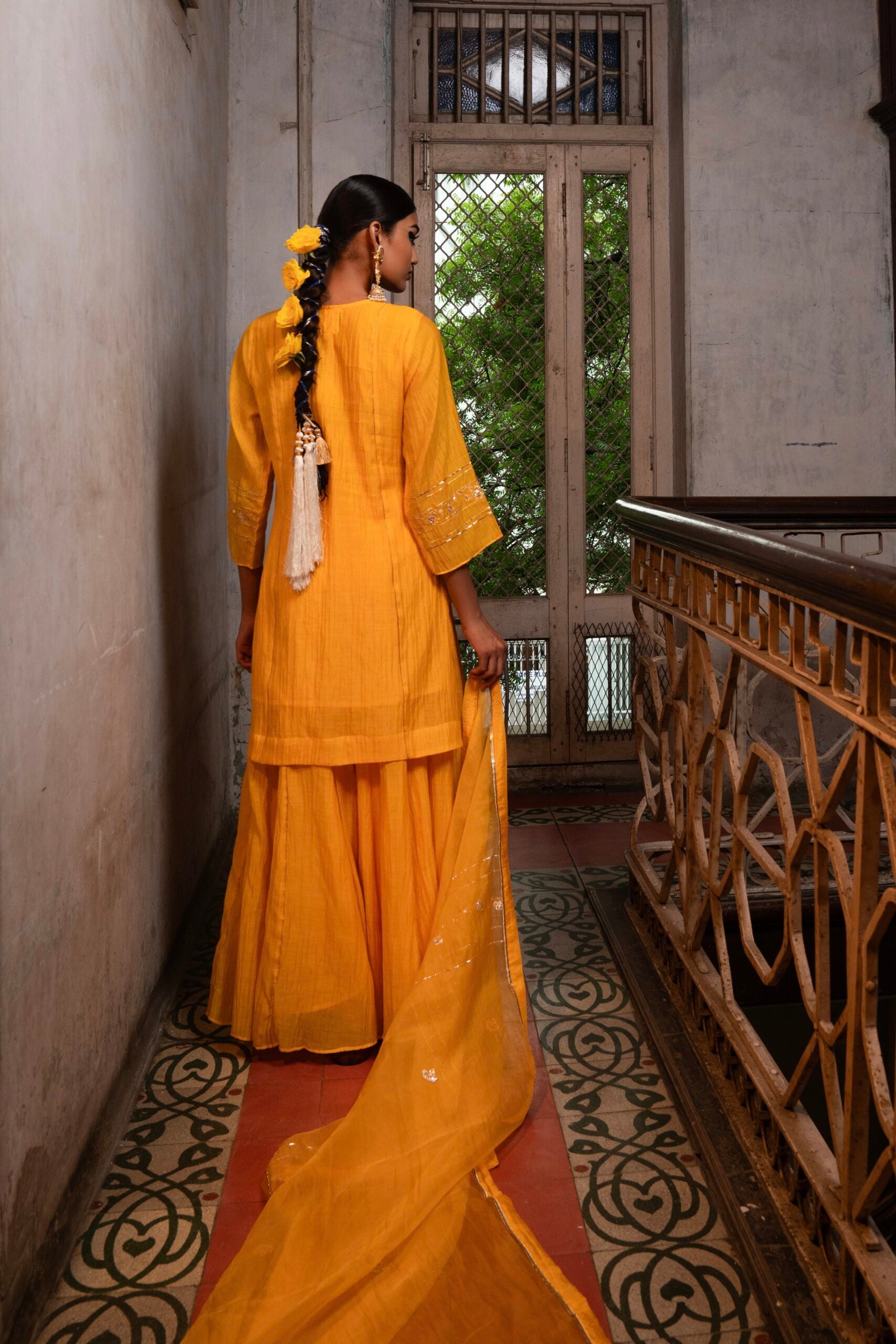 Moti Mala Sharara Kurta set - kesariya Peela