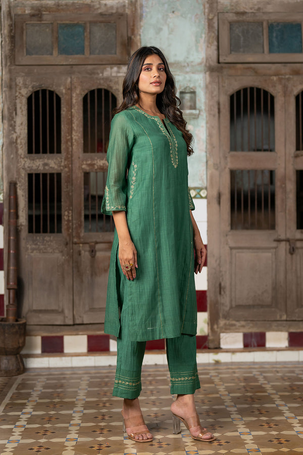 Aashna Chanderi Silk Straight panel kurta with Pants - Green
