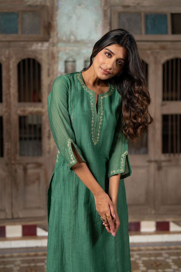 Aashna Chanderi Silk Straight panel kurta with Pants - Green