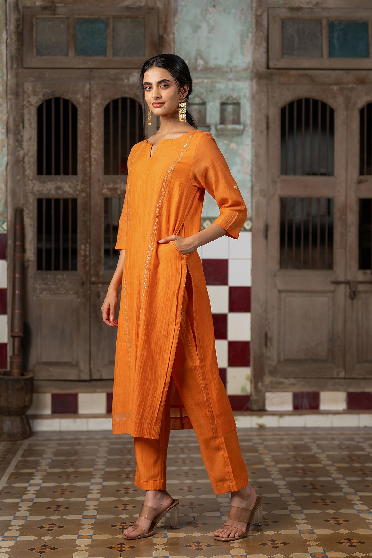 Aashna Chanderi Silk straight panel kurta paired with Pants - Orange