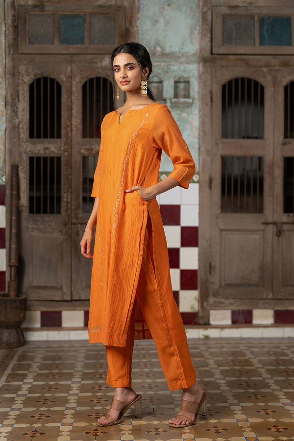 Aashna Chanderi Silk straight panel kurta paired with Pants - Orange