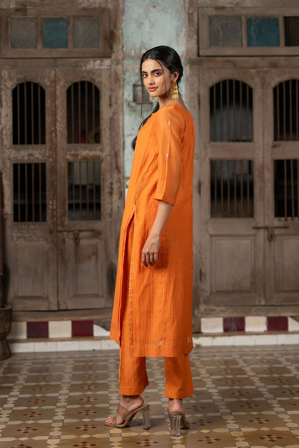 Aashna Chanderi Silk straight panel kurta paired with Pants - Orange