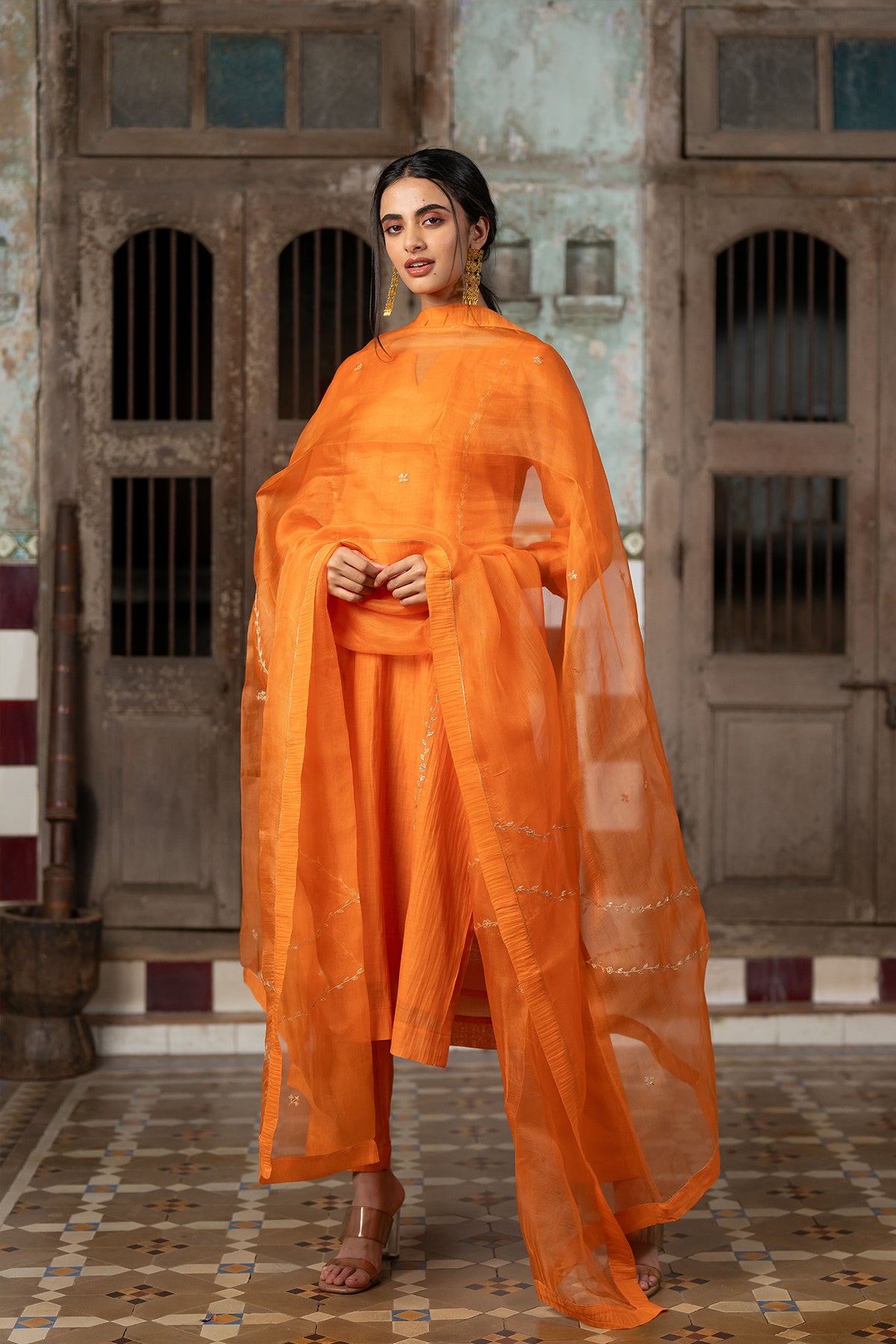 Aashna Chanderi Silk straight panel kurta paired with Pants - Orange