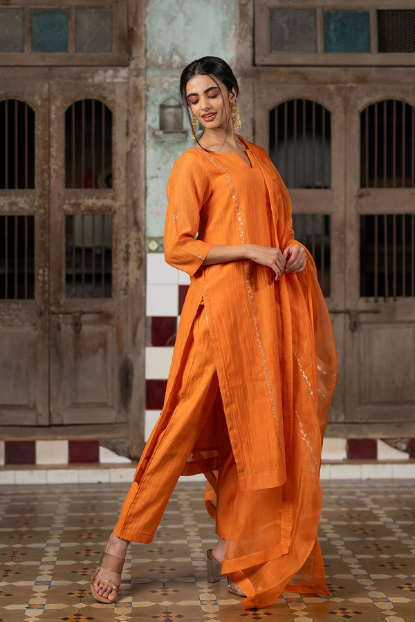 Aashna Chanderi Silk straight panel kurta paired with Pants - Orange