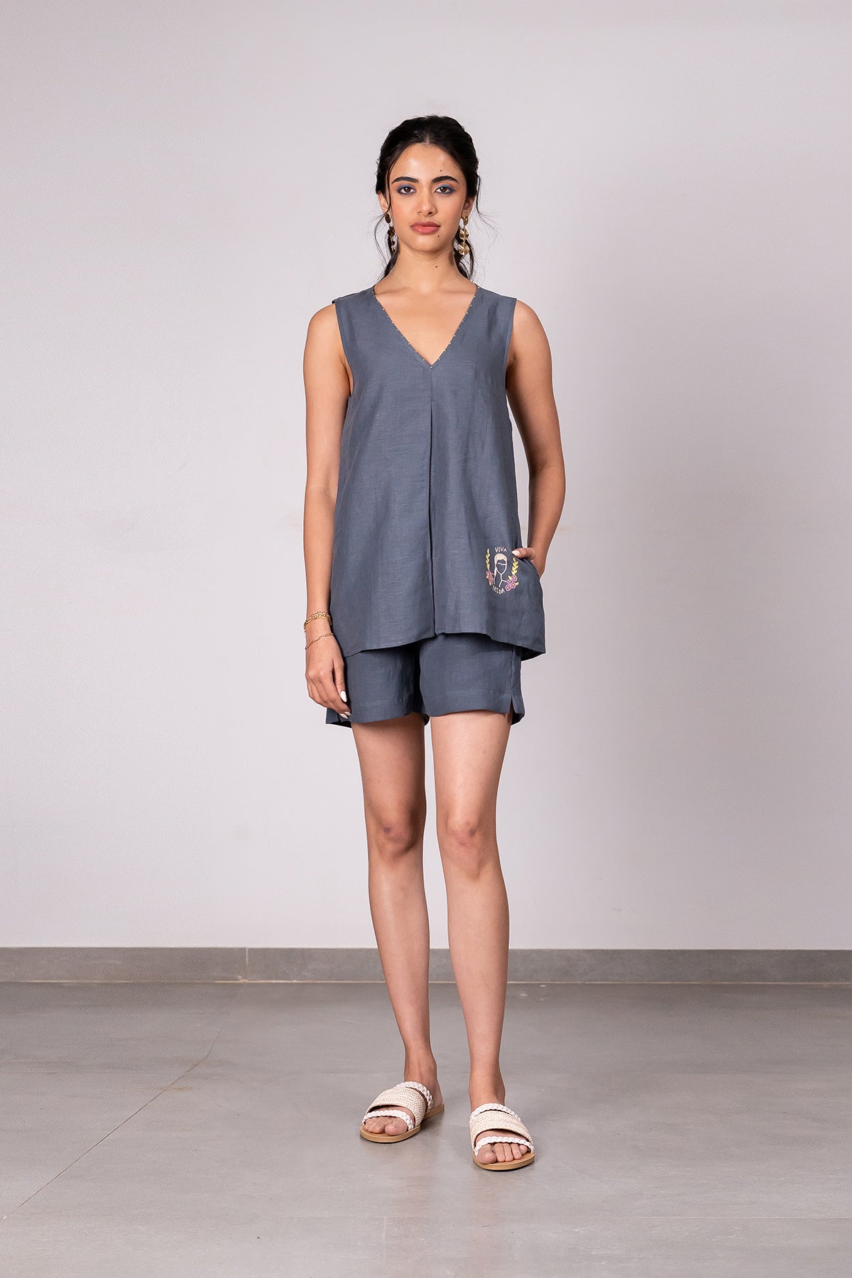 Adriene Linen Box Pleat Flare Top- Charcoal Grey