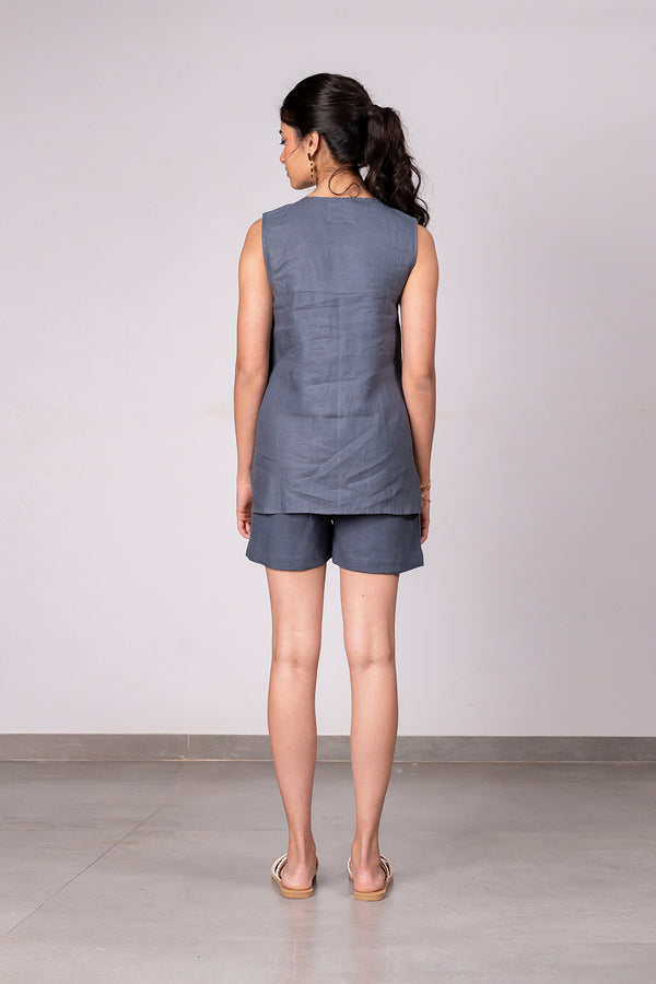 Adriene Linen Box Pleat Flare Top- Charcoal Grey