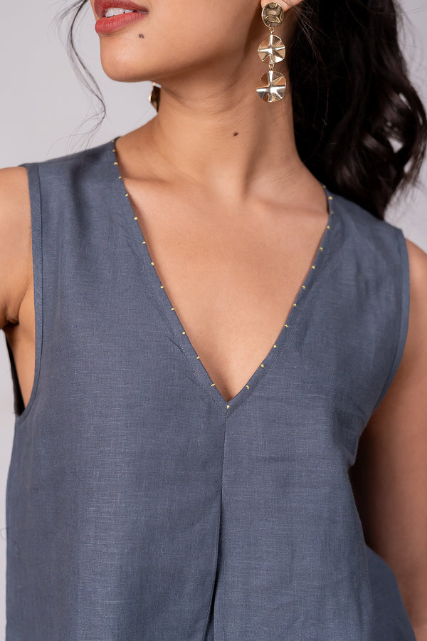 Adriene Linen Box Pleat Flare Top- Charcoal Grey