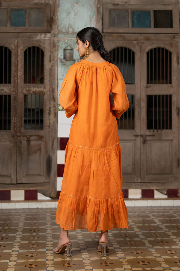 Amara Chanderi Silk Raglan Sleeve Dress - Orange