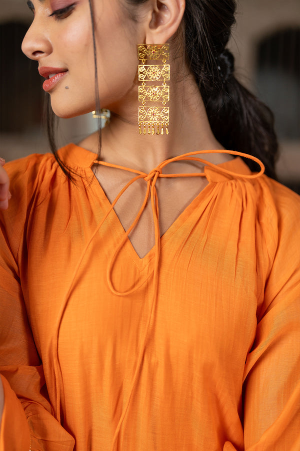 Amara Chanderi Silk Raglan Sleeve Dress - Orange