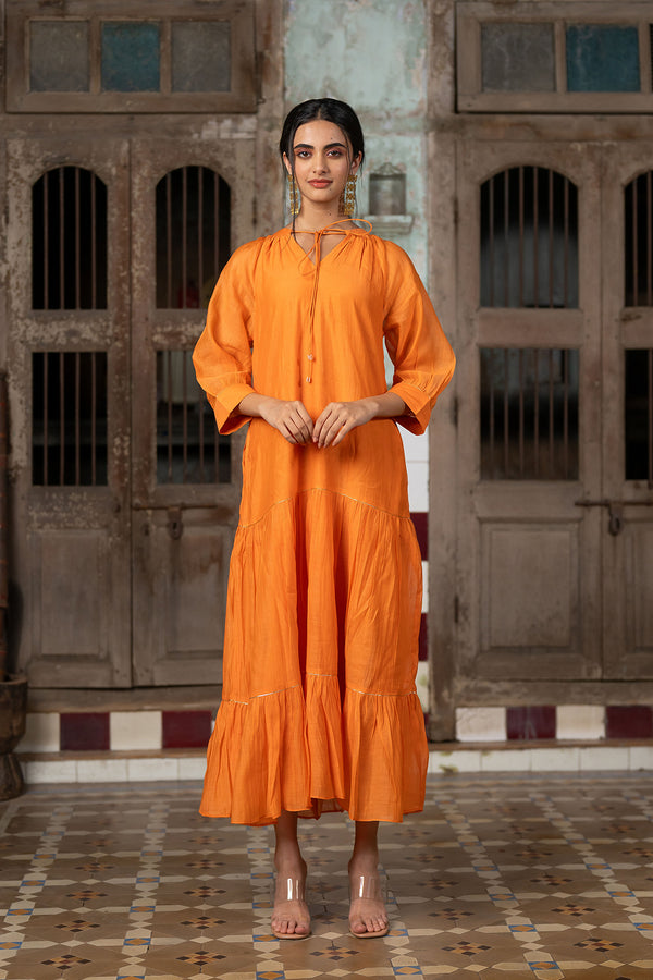 Amara Chanderi Silk Raglan Sleeve Dress - Orange