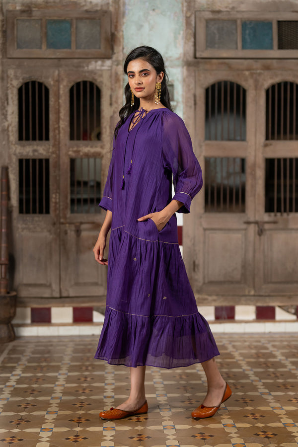 Amara Chanderi Silk Raglan Sleeve Dress- Purple