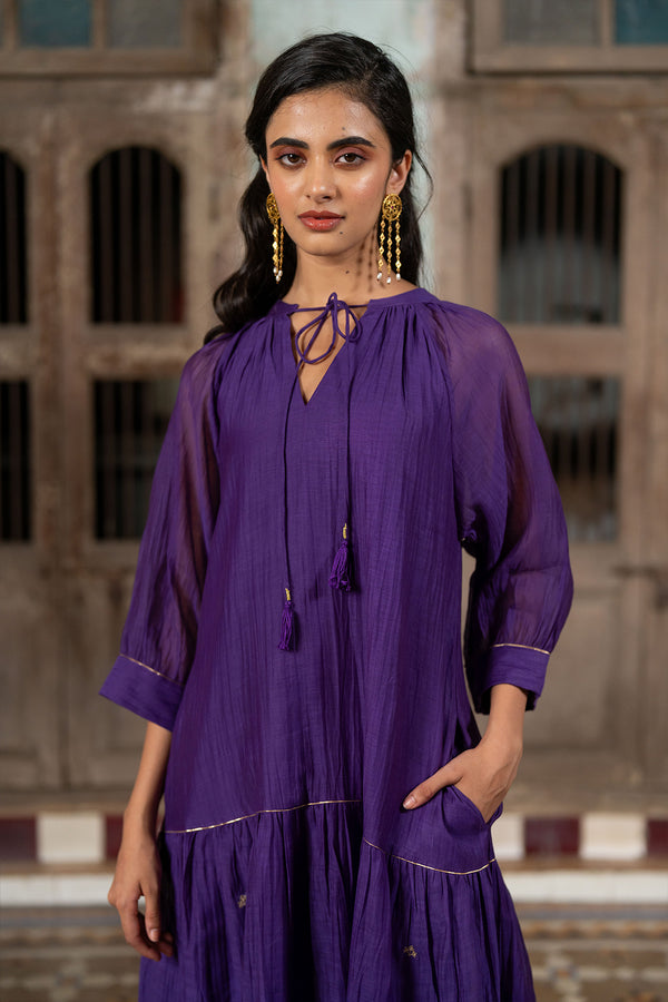 Amara Chanderi Silk Raglan Sleeve Dress- Purple