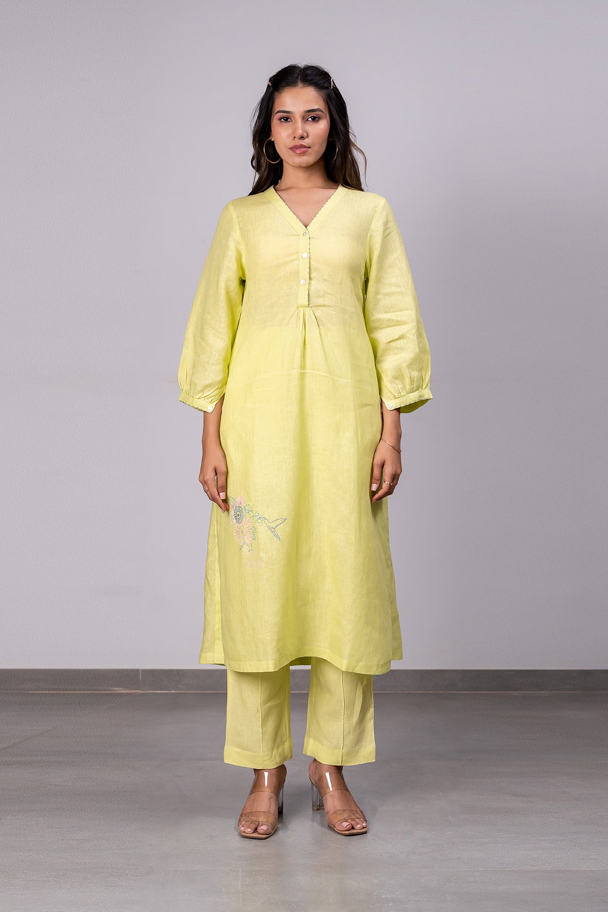 Ana Linen V-Neck Kurta- Pants set  with pockets - Lime