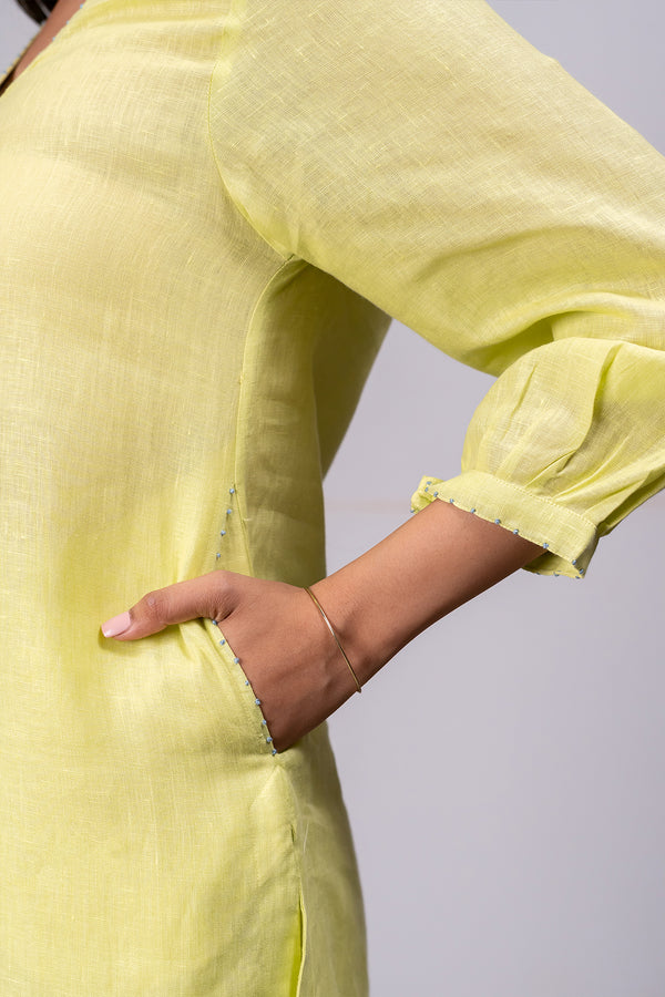 Ana Linen V-Neck Kurta- Pants set  with pockets - Lime