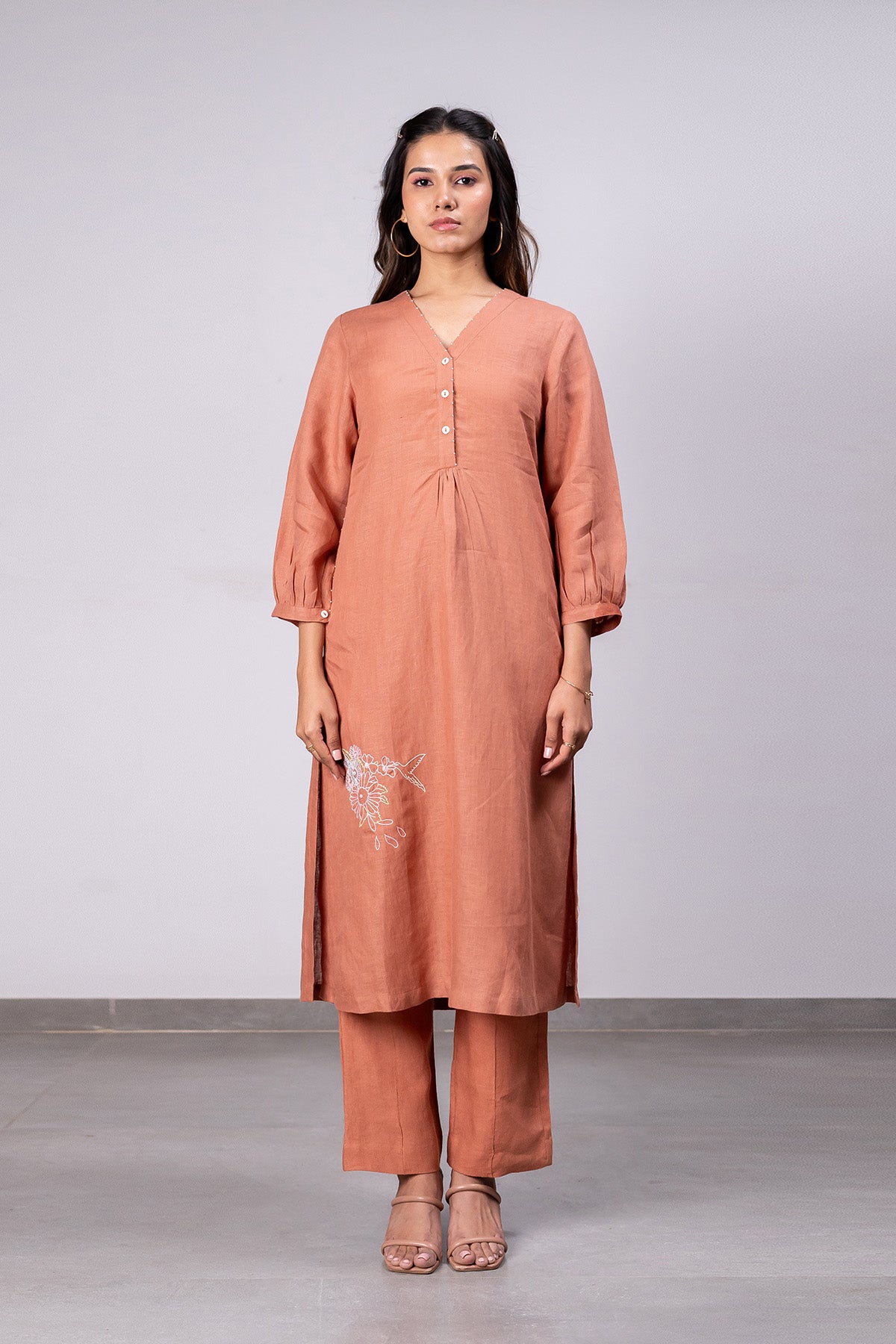 Ana Linen V-Neck Kurta- Pants Set With Pockets – Sand Brown