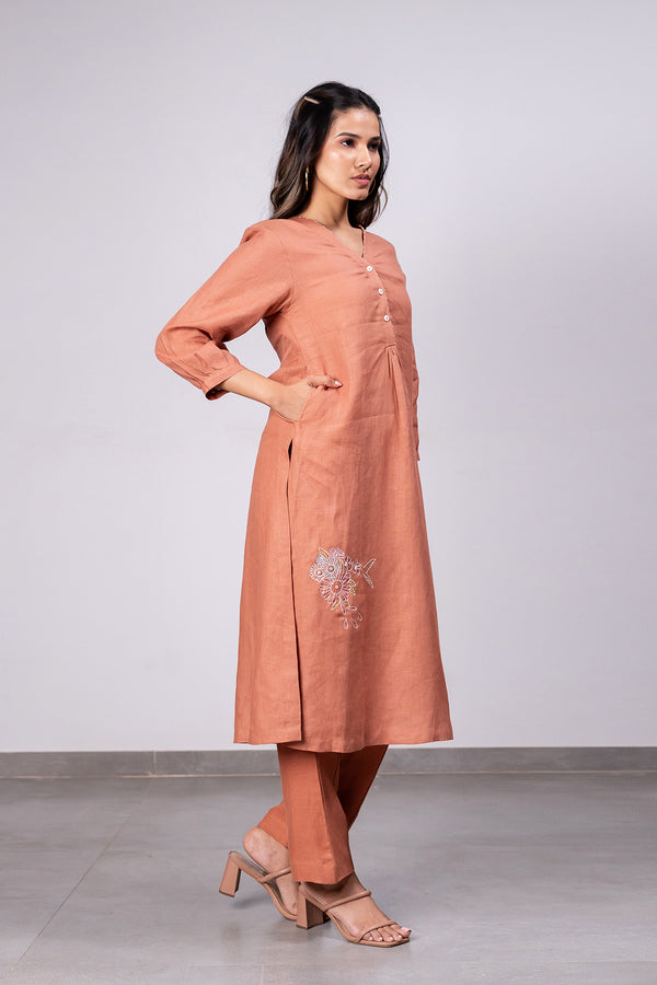 Ana Linen V-Neck Kurta- Pants Set With Pockets – Sand Brown