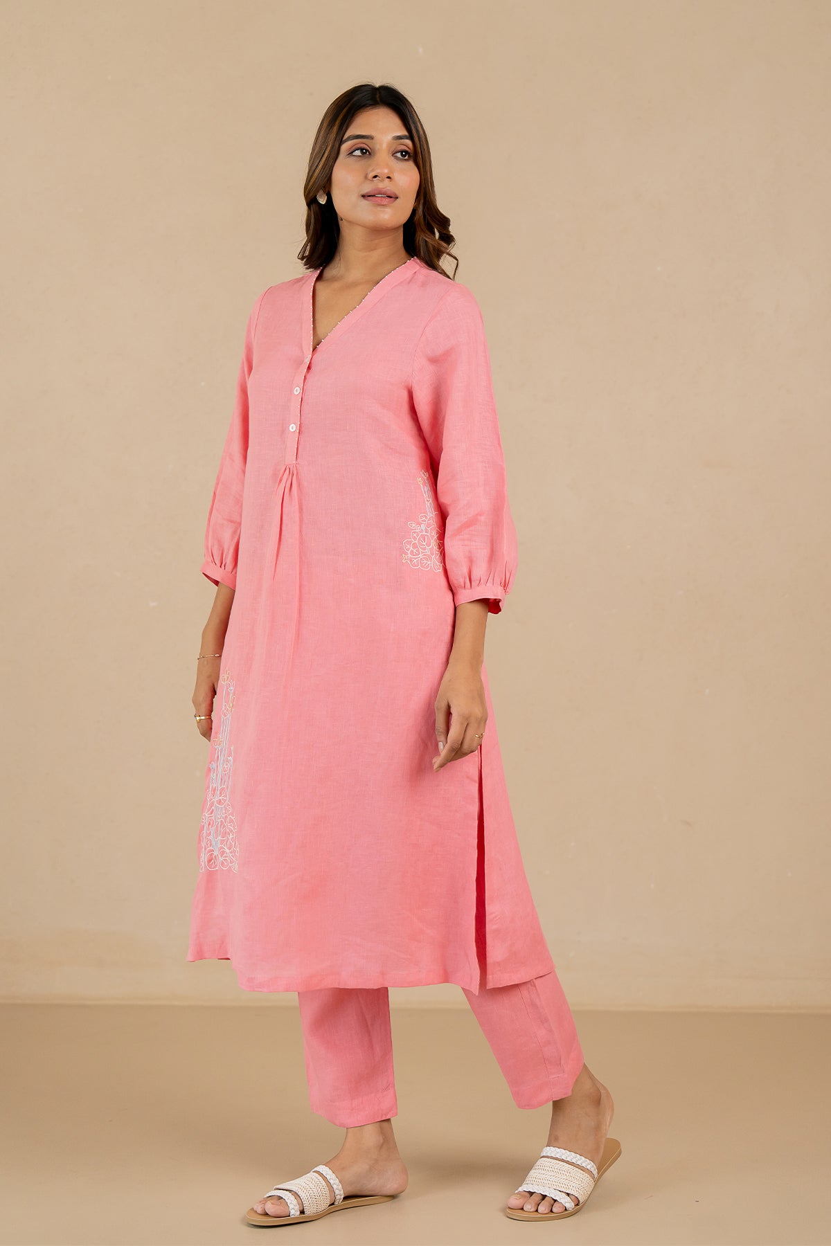 Ana-Linen-V-Neck-Kurta-and-Pants-Set-With-Pockets-Flamingo-Pink-