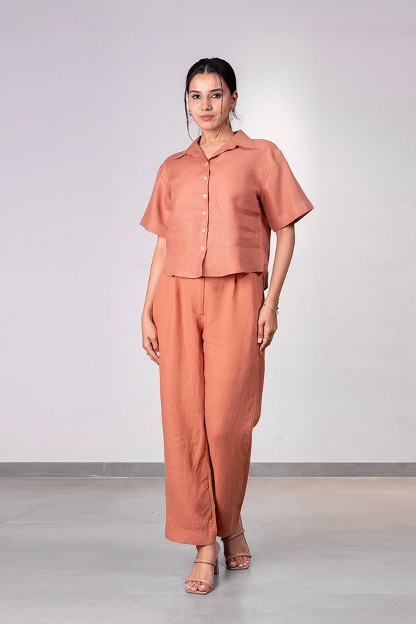 Andrea Linen Cuban Collar Crop Shirt – Sand Brown