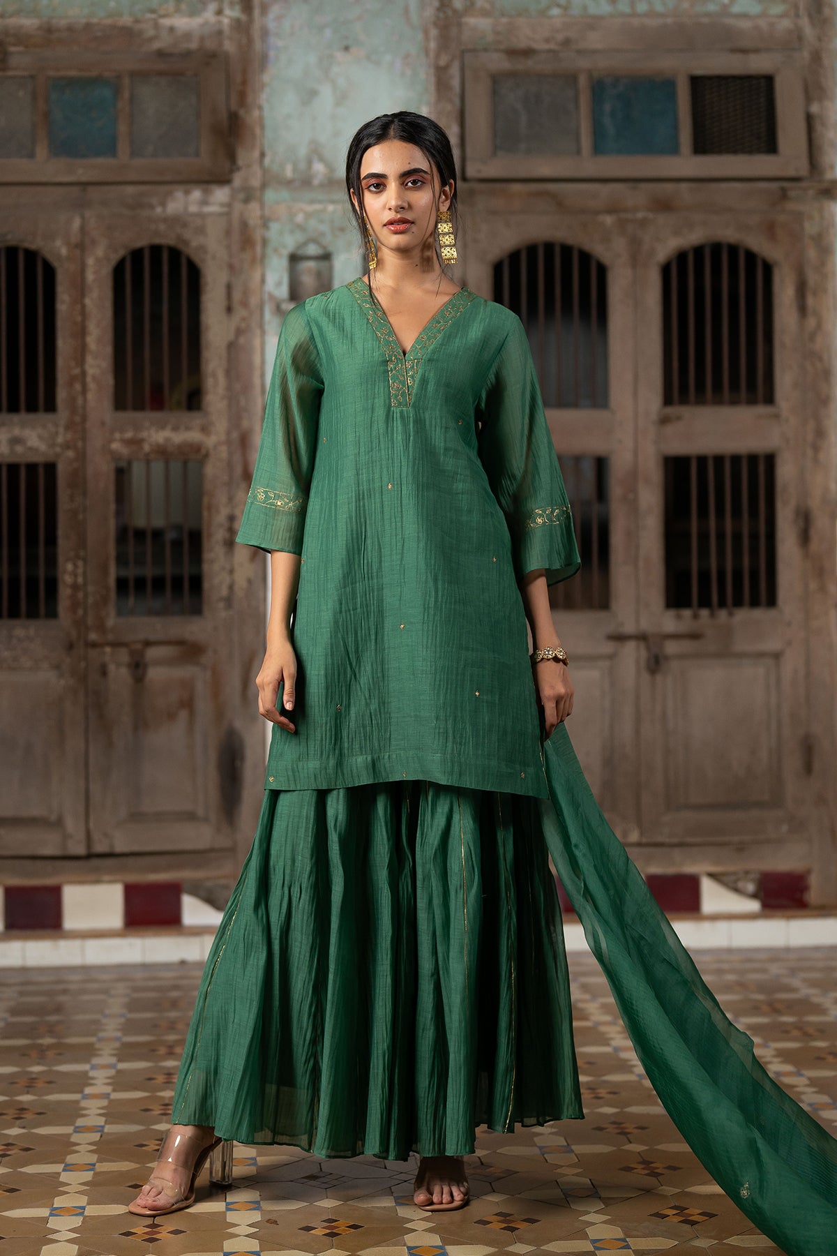 Anika Chanderi silk short V-neck kurta with sharara - Green