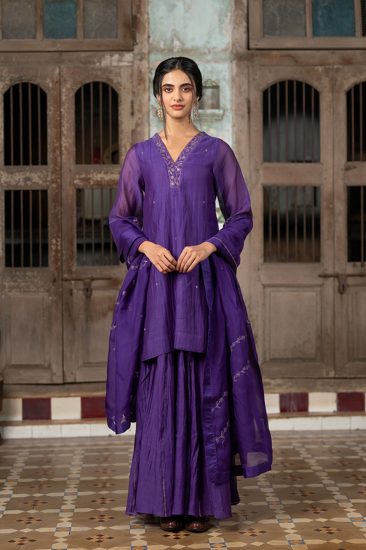 Anika Chanderi silk short v neck kurta with sharara - Purple