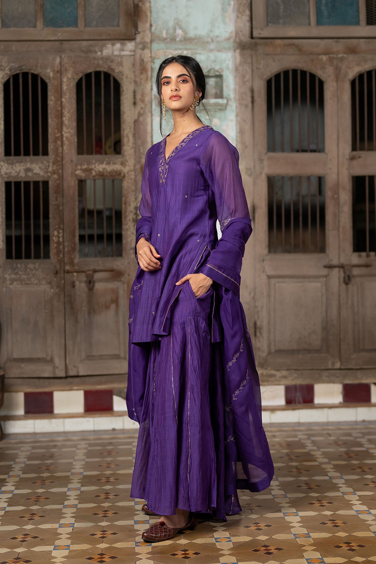 Anika Chanderi silk short v neck kurta with sharara - Purple