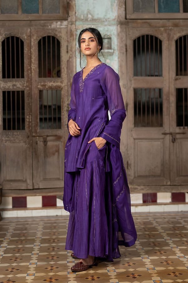 Anika Chanderi silk short v neck kurta with sharara - Purple