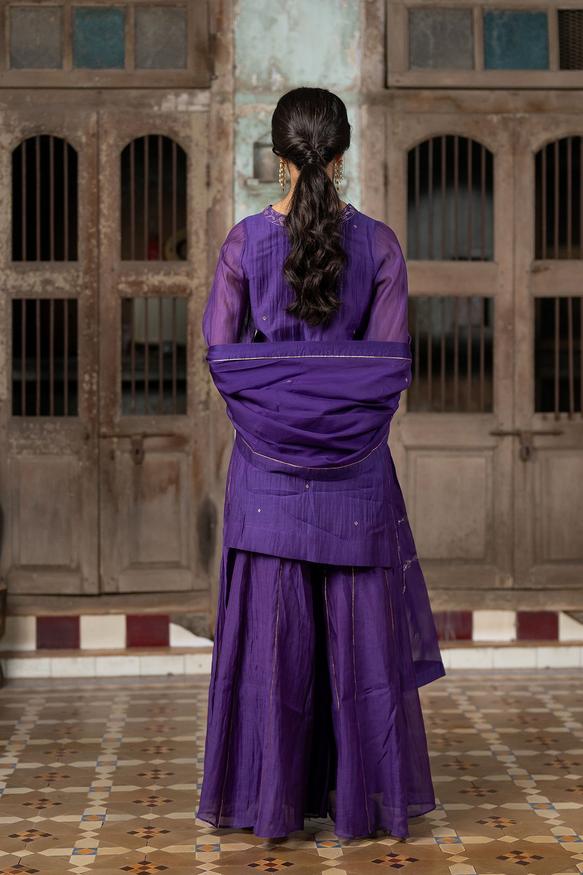 Anika Chanderi silk short v neck kurta with sharara - Purple
