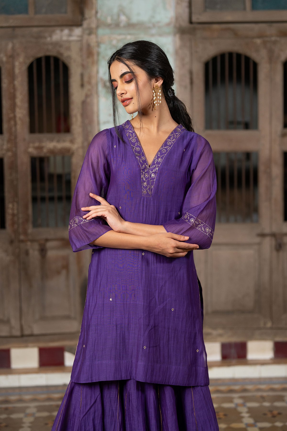 Anika Chanderi silk short v neck kurta with sharara - Purple