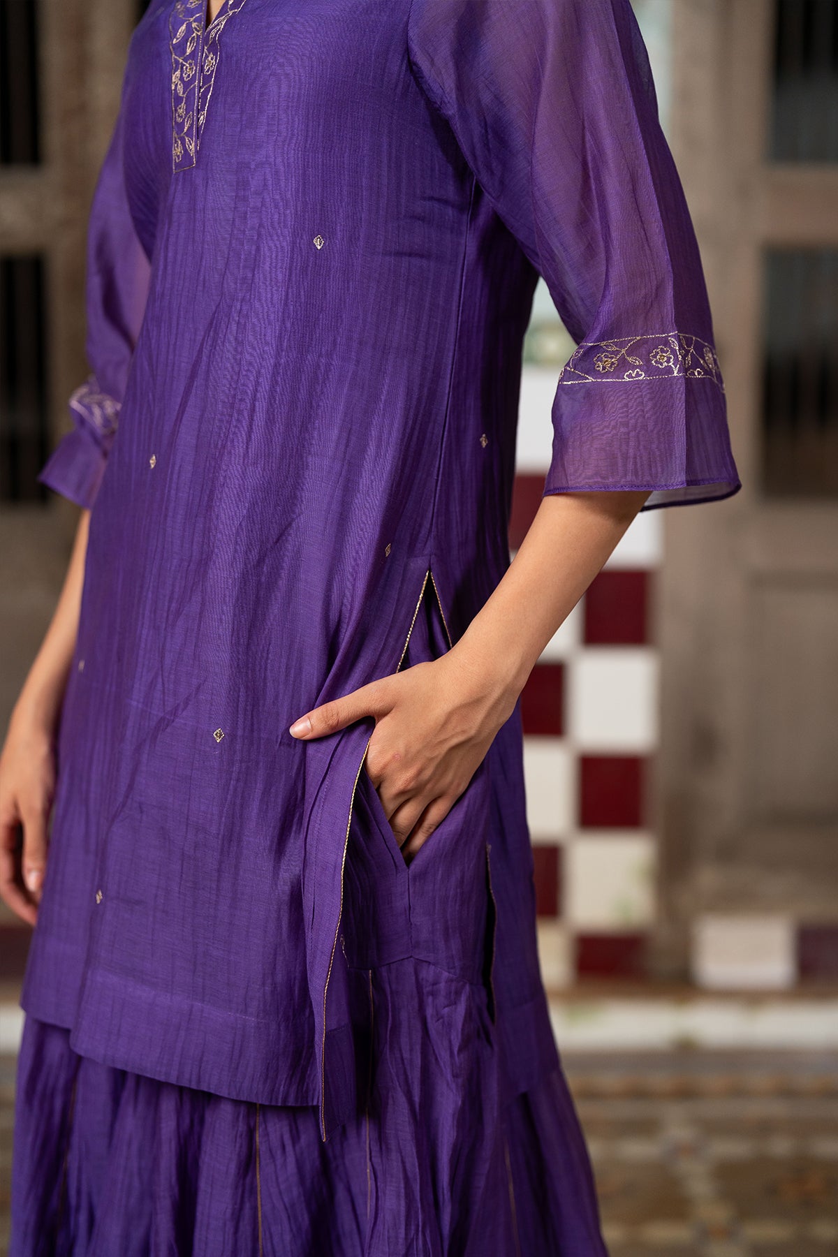 Anika Chanderi silk short v neck kurta with sharara - Purple