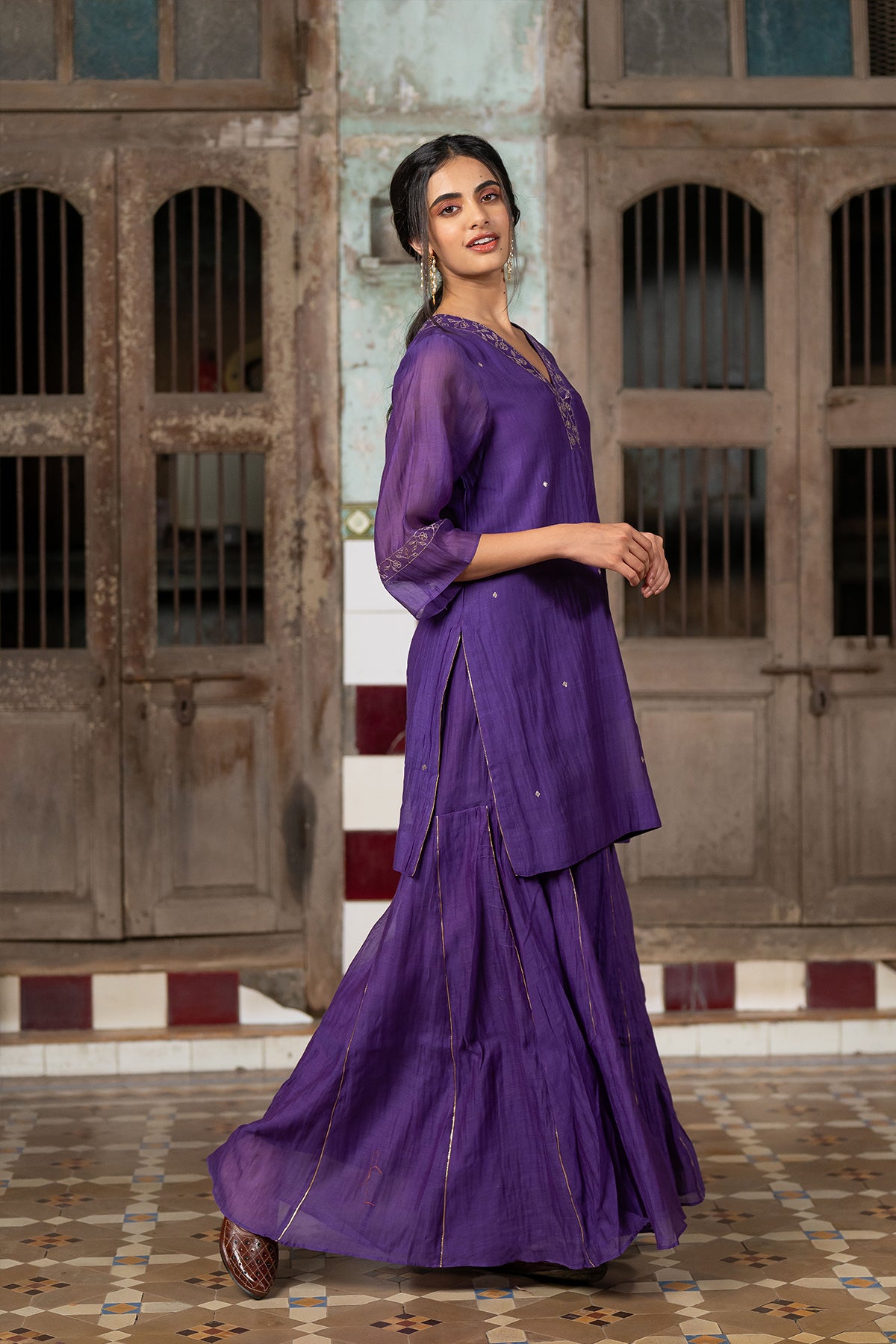 Anika Chanderi silk short v neck kurta with sharara - Purple