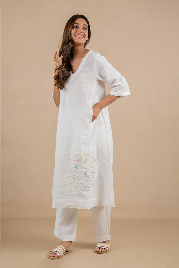 Aqua Linen V-Neck Kurta and Pant set- Marble White