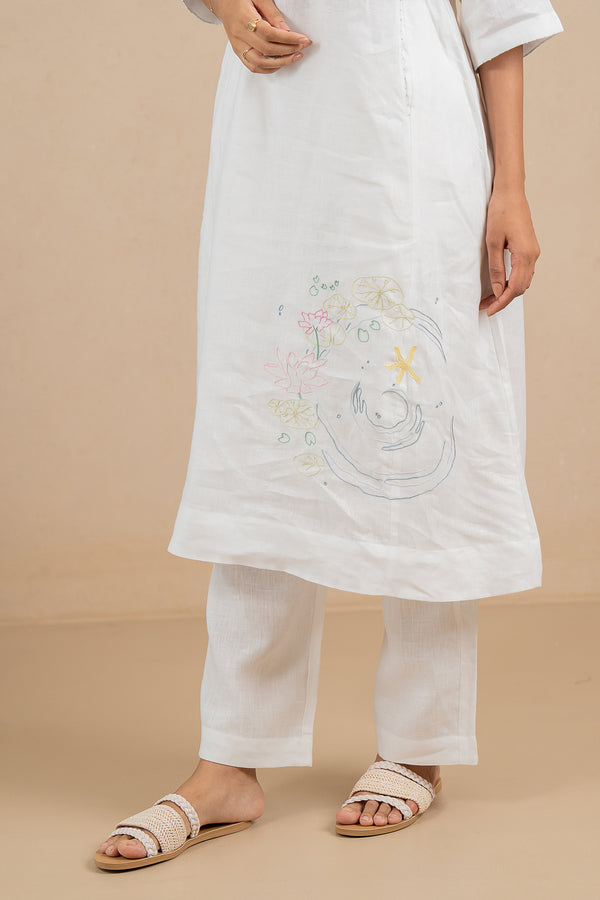 Aqua Linen V-Neck Kurta and Pant set- Marble White