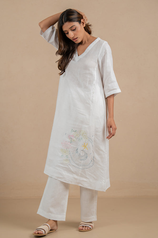 Aqua Linen V-Neck Kurta and Pant set- Marble White