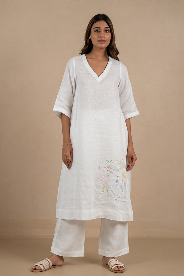 Aqua Linen V-Neck Kurta and Pant set- Marble White