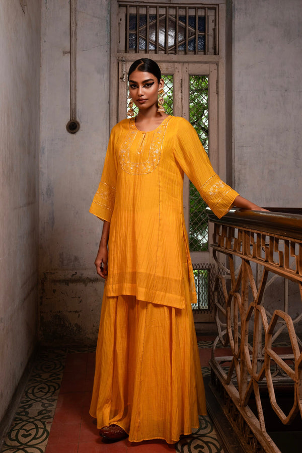 Moti Mala Sharara Kurta set - kesariya Peela
