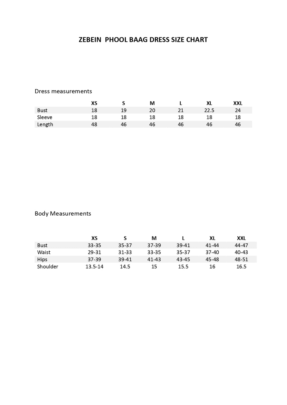 Size Chart 1