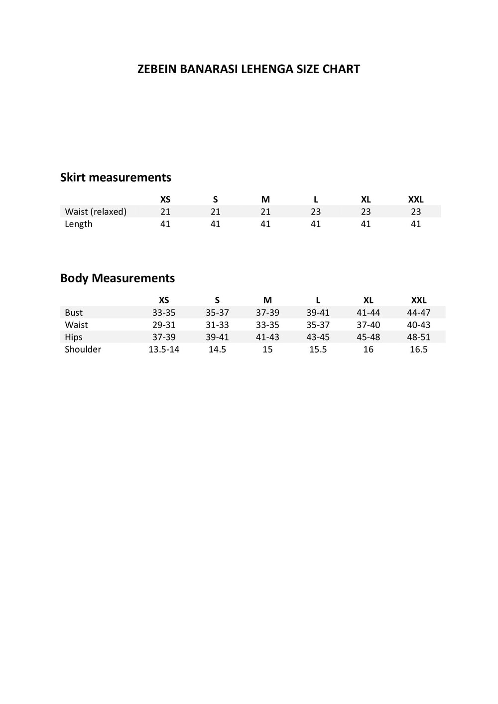 Size Chart 1