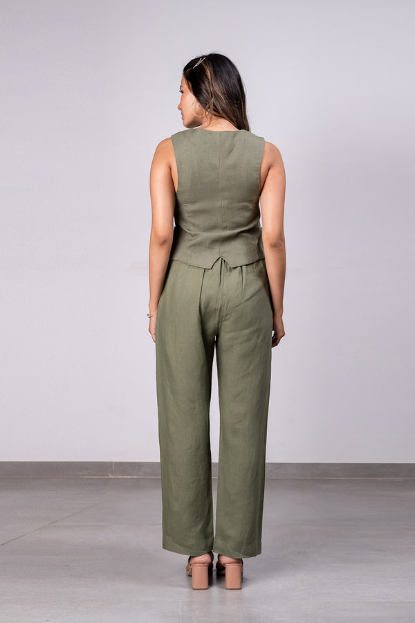 Barbara Linen Vest With Welt Pockets – Olive Green
